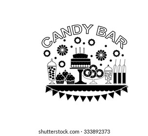 Candy Buffet with flowers and cakes. Wedding dessert bar. Birthday sweet table. Vector icon.
