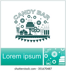 Candy Buffet with flowers and cakes. Wedding dessert bar. Birthday sweet table. Vector icon.