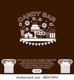Candy Buffet with flowers and cakes. Wedding dessert bar. Birthday sweet table. Vector icon.
