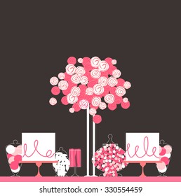 Candy Buffet with flowers.Pink colors. Wedding dessert bar. Birthday sweet table. Vector illustration.
