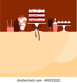 Candy Buffet with  handmade cake. Wedding dessert bar. Birthday sweet table. Vector illustration.
