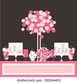 Candy Buffet with roses and cakes. Wedding dessert bar. Birthday sweet table. Vector illustration.