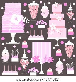 Candy Buffet. Sweet table. Wedding dessert bar with cakes .  Vector pattern.