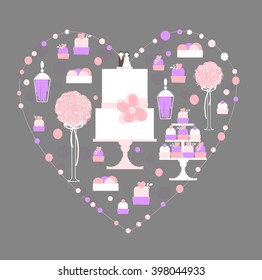 Candy Buffet with wedding  cake. Wedding dessert bar  in frame with heart. Vector illustration.