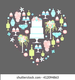Candy Buffet with wedding cake and flowers. Wedding dessert bar  in frame with heart. Vector illustration.