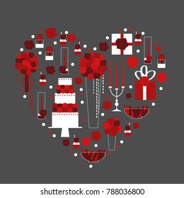 Candy Buffet with wedding cake and flowers.  Wedding dessert bar  in frame with heart. Vector illustration.