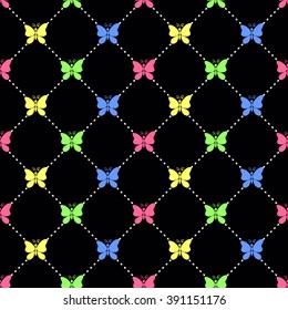Candy butterflies,Seamless vector pattern with butterfly silhouettes, black background