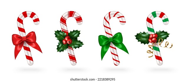 Candy cane 3d icon set with green red ribbon and holly berry sprig decoration. Vector illustration. Merry Christmas Happy New Year candycane sweets, santa gift. Element for holiday poster flyer card