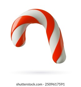 Candy cane 3d vector icon. Red and white striped traditional Christmas sweets realistic three dimensional illustration isolated on white background. 