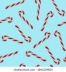 Candy cane backdrop on light blue background - funny hand drawn doodle, seamless pattern. Lettering poster or t-shirt textile graphic design. / wallpaper, wrapping paper, background.