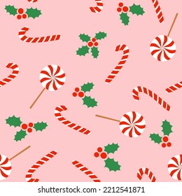 Candy cane backdrop on light pink background - funny hand drawn doodle, seamless pattern. Lettering poster or t-shirt textile graphic design. Merry Christmas wallpaper, wrapping paper, background.