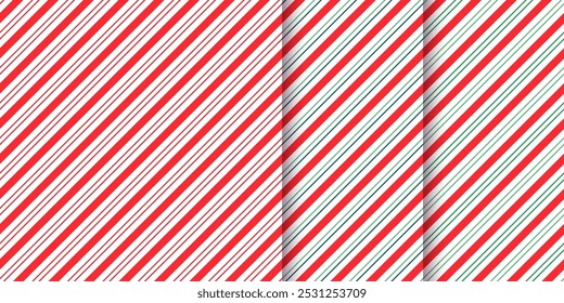 Candy-Rohr-Hintergrund. Weihnachten nahtloses Muster. Drucken von Urlaubsstreifen. Weihnachtliches traditionelles Packpapier. Diagonale rot-grüne Textur. Abstrakter Hintergrund. Lolli-Design für Zucker. Vektorgrafik