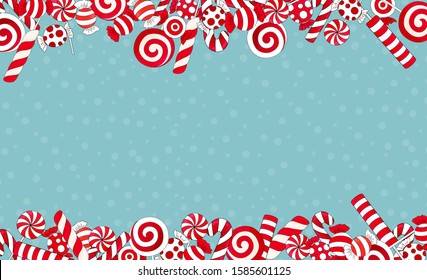 Candy cane background. Many types christmas  candy treats on blue background. Traditional red and white xmas ans new year lollypop. Striped candies on snow backdrop. Hand drawn delicious holiday print