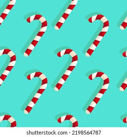 Candy cane background with shadows on style mint backdrop. Classical christmas candy vector illustration. Christmas pattern. Christmas concept.