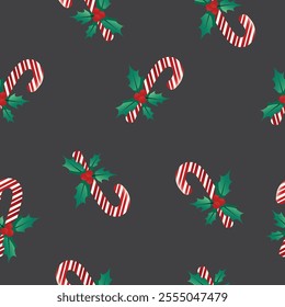 Candy cane and berries seamless pattern for Christmas and new year background. Vector eps.
