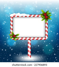 candy cane billboard with holly sprigs in snowfall on blue background