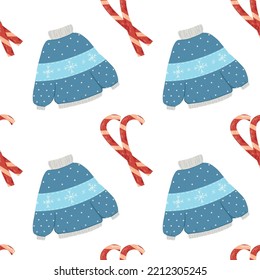 candy cane and blue sweater on a white background. winter vector pattern