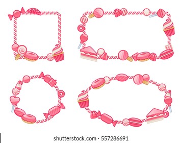 Candy cane border frames with assorted sweets set. Vector illustration. Hard candy decoration with lollipops donut cake.