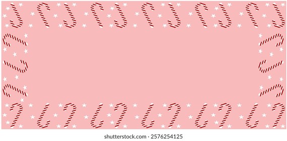 A Candy Cane Border On A Pink Background. Hand Drawn Simple Illustration. Isolated Vector Graphic. Great For Social Media Post, Promotion, Advertising, or Holiday Greeting Card