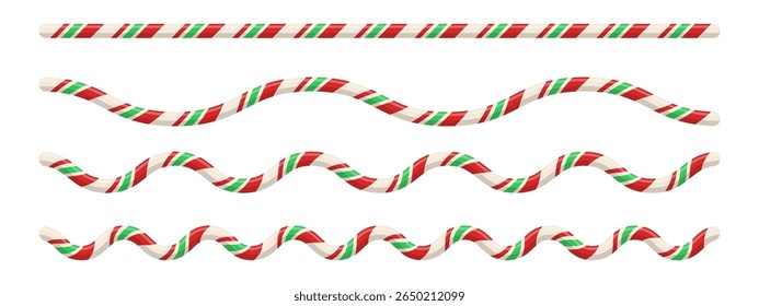 Candy cane border with red, white, green striped pattern. Includes realistic spiral lollipop line for holiday card or banner design. Seamless sweet ornament for winter decoration. Vector illustration.