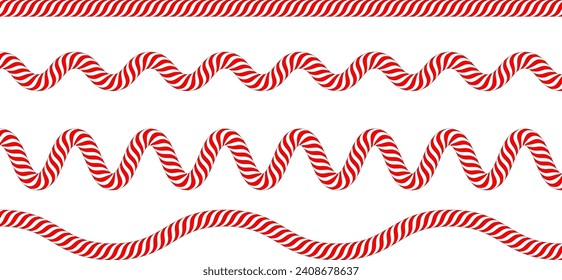 Candy cane border set. Red and white stripes. Vector illustration