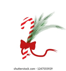 candy cane with a bow and a branch of Christmas fir.