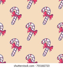 Candy Cane with Bow Knot Hand Drawn Seamless Pattern Background. Vector illustration