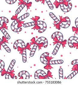 Candy Cane with Bow Knot Hand Drawn Seamless Pattern Background. Vector Illustration