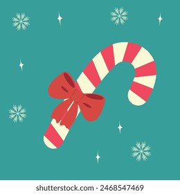 Candy Cane with Bow on Teal Background with snowflakes and decorative stars Christmas greetings idea