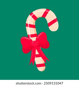 Candy cane with bow. Sweet stripes candy. Merry Christmas and Happy New Year design.