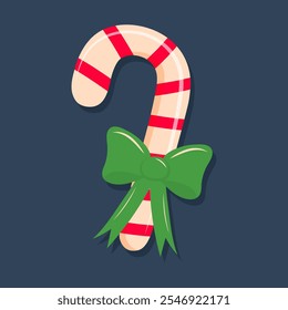 Candy cane with bow. Sweet stripes candy. Merry Christmas and Happy New Year design.