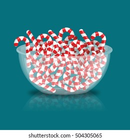 Candy cane in bowl. Peppermint stick deep in transparent plate. Mint Christmas Sweets for New Year. traditional Lollipops for holiday

