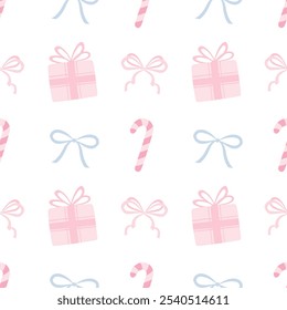 Candy cane, bows, gifts. Vector seamless pattern on white background in pastel colors. Cute flat illustration for Christmas