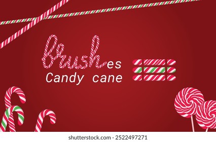 Candy cane brushes for Adobe Illustrator. Christmas decorations for design. Hard candy lettering and winter borders sample. 