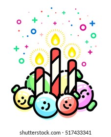 Candy cane candles with christmas ornaments. Xmas toys, sugar stick. Decorations. Flat line style balls. Vector merry greeting card. New year festive design. Isolated on white background
