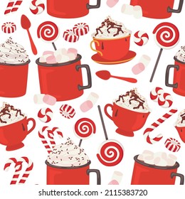 Candy cane, caramel, lollypop, marshmallow, cream cappuccino seamless pattern. Christmas treats isolated on white background. Sweet cozy vector illustration in flat cartoon style.