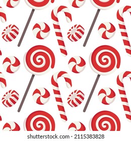 Candy cane, caramel, lollypop seamless pattern. Christmas treats isolated on white background. Sweet vector illustration in flat cartoon style.