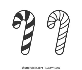 Candy cane cartoon flat silhouette and outline illustration. Sign symbol for Christmas sweets, candy store shop logo print. Simple easy coloring activity for children, nursery, kindergarten, kids.