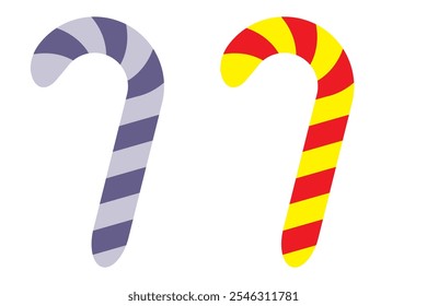 Candy cane cartoon flat silhouette and outline illustration. Sign symbol for Christmas sweets, candy store shop logo print. Simple easy coloring activity for children, nursery, kindergarten, kids.