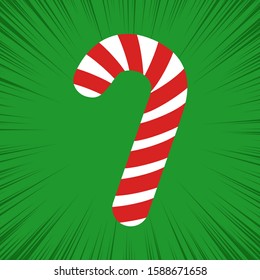 Candy cane in cartoon style isolated on green background. Vector illustration of Christmas symbol