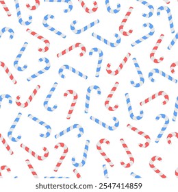 Candy cane. Chaotically scattered sweets. Seamless vector pattern. Repeating Christmas ornament of striped red and blue lollipops. Isolated colorless background. Flat style. Idea for web design.
