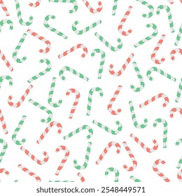 Candy cane. Chaotically scattered sweets. Endless vector pattern. Continuous Christmas ornament of striped red and green lollipops. Isolated colorless background. Flat style. Idea for web design