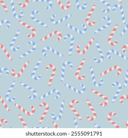 Candy cane. Chaotically scattered sweets. Seamless vector pattern. Repeating Christmas ornament of striped red and blue lollipops. Isolated blue background. Flat style. Idea for web design.