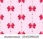 Candy cane Christmas background with cute red bow. Seamless coquette pattern with peppermint sticks, vector illustration for New Year's Eve or Christmas holidays