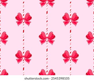 Candy cane Christmas background with cute red bow. Seamless coquette pattern with peppermint sticks, vector illustration for New Year's Eve or Christmas holidays