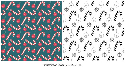Candy Cane Christmas ball Snowflake Seamless Patterns Set 2 Colorful and Ink Christmas Backgrounds