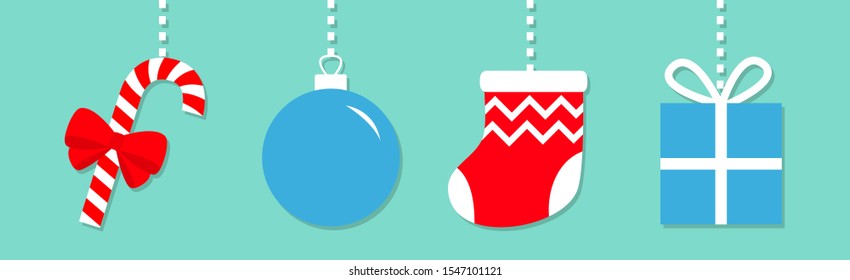 Candy cane Christmas ball Sock Gift box hanging on dash line. Cute round red blue bauble toy set. Happy New Year sign symbol. Flat design style. Winter background. Isolated. Vector illustration