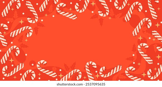 Candy Cane Christmas Border on Red Background. Holiday Frame with Candy Canes and Stars. 