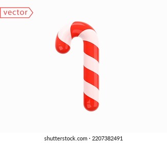 Candy Cane Christmas Decoration. Red and white spiral sweet candy 3D icon in glossy cartoon style. Object isolated on white background. Vector illustration