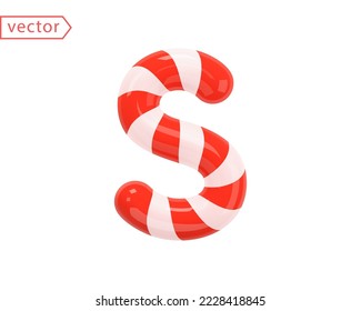 Candy Cane Christmas Decoration. Red and white spiral sweet candy 3D icon in glossy cartoon style. Object isolated on white background. Vector illustration
